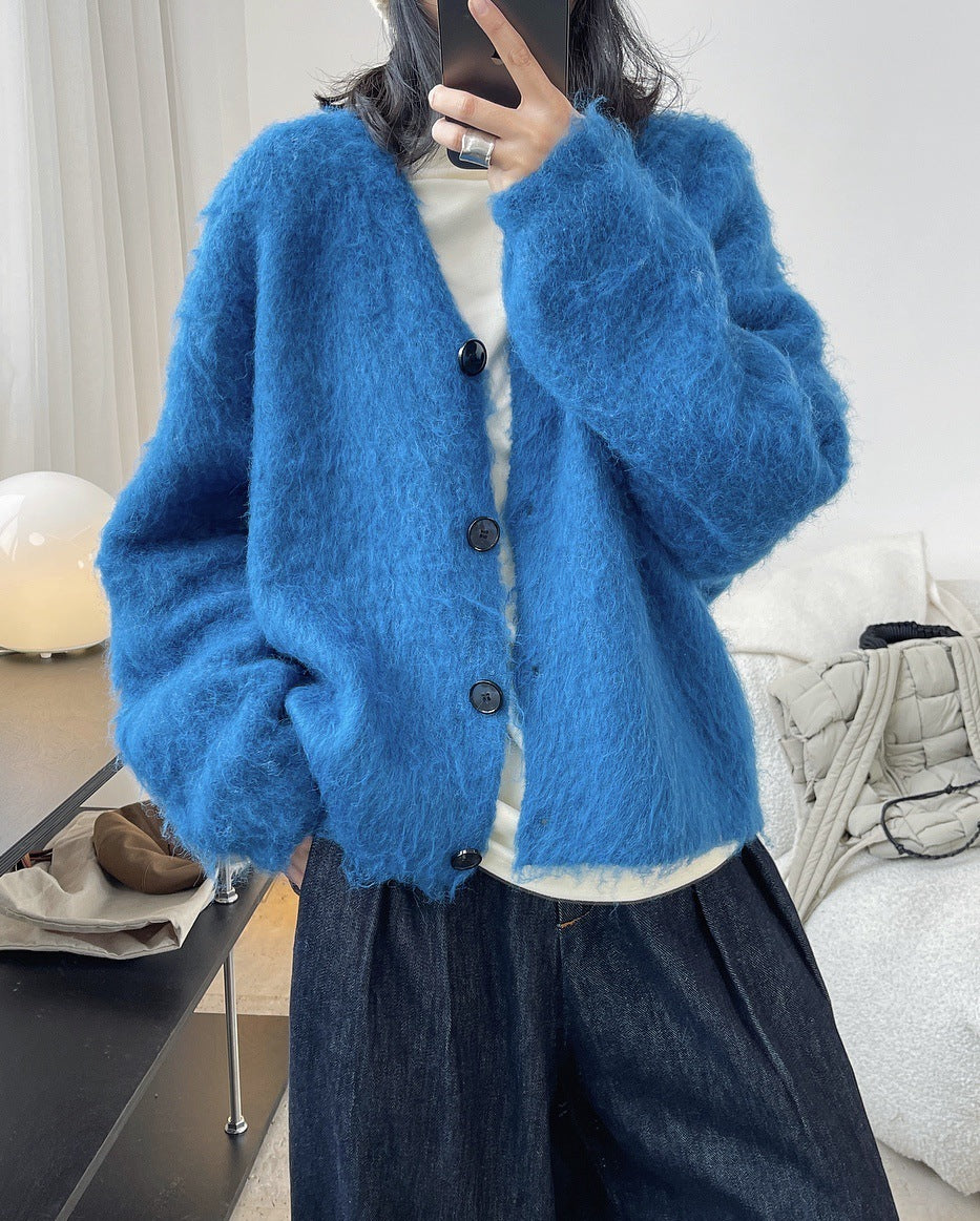 Lazy V-neck Sweater Cardigan Loose Wool Soft Glutinous Warm Knitted