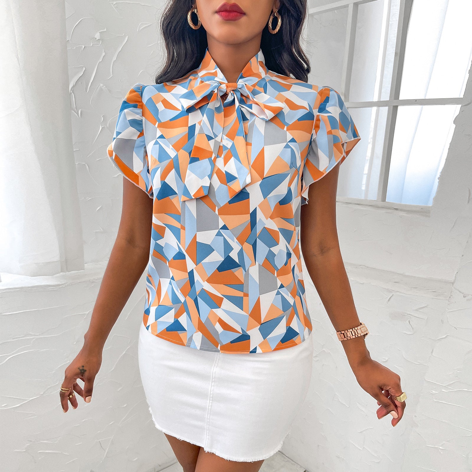 European And American Women's Chiffon Stand-up Collar Print Pullover Shirt