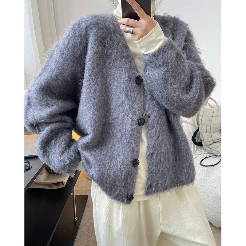 Lazy V-neck Sweater Cardigan Loose Wool Soft Glutinous Warm Knitted