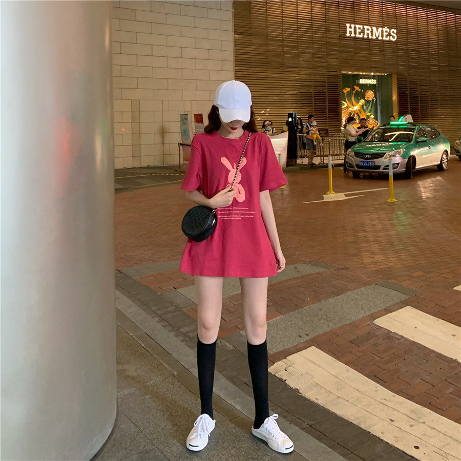 Women's Mid-length Printed Short-sleeved T-shirt Mid-length Bottoming Shirt Top