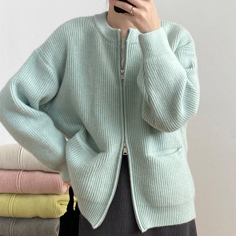 Autumn Solid Color Double Zipper Knitted Cardigan Women's Sweater
