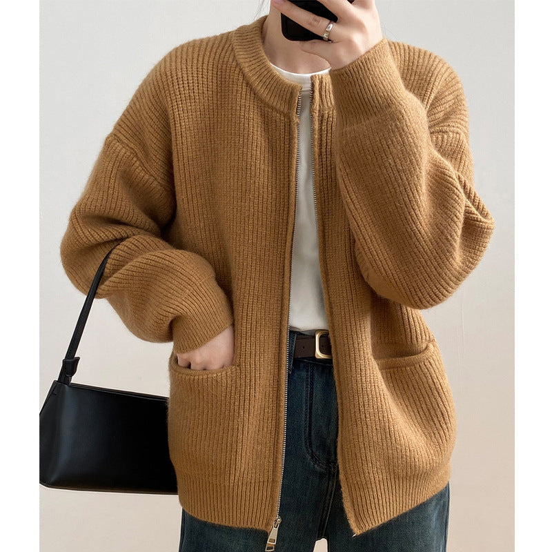 Autumn Solid Color Double Zipper Knitted Cardigan Women's Sweater