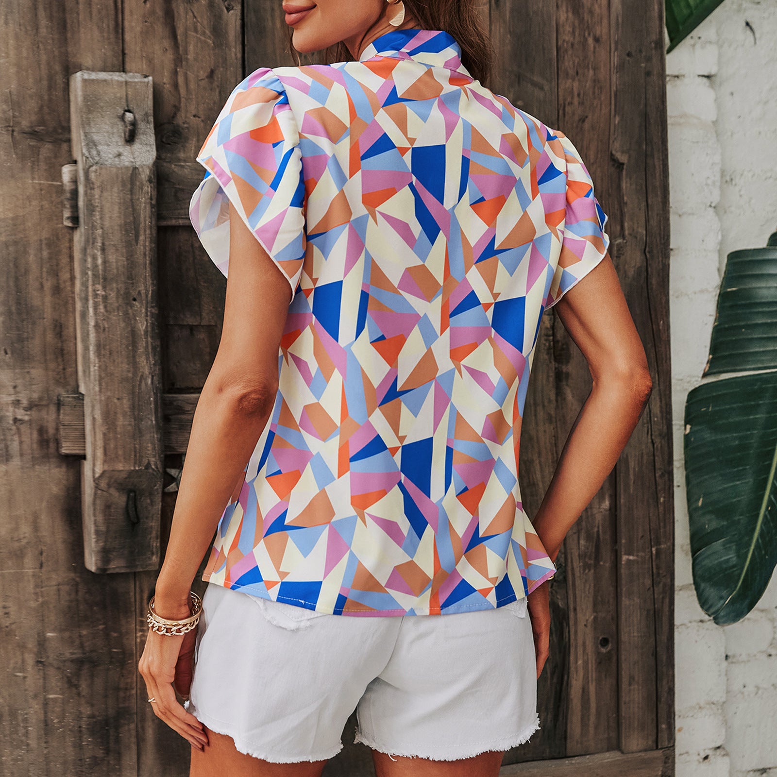 European And American Women's Chiffon Stand-up Collar Print Pullover Shirt