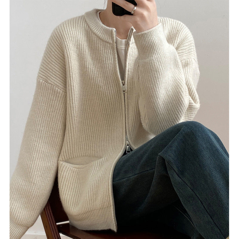 Autumn Solid Color Double Zipper Knitted Cardigan Women's Sweater