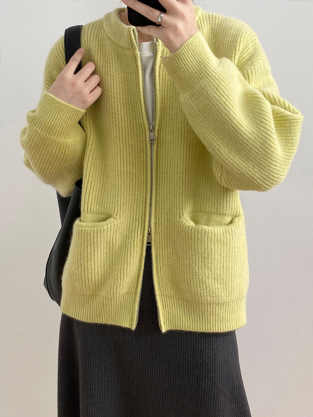 Autumn Solid Color Double Zipper Knitted Cardigan Women's Sweater