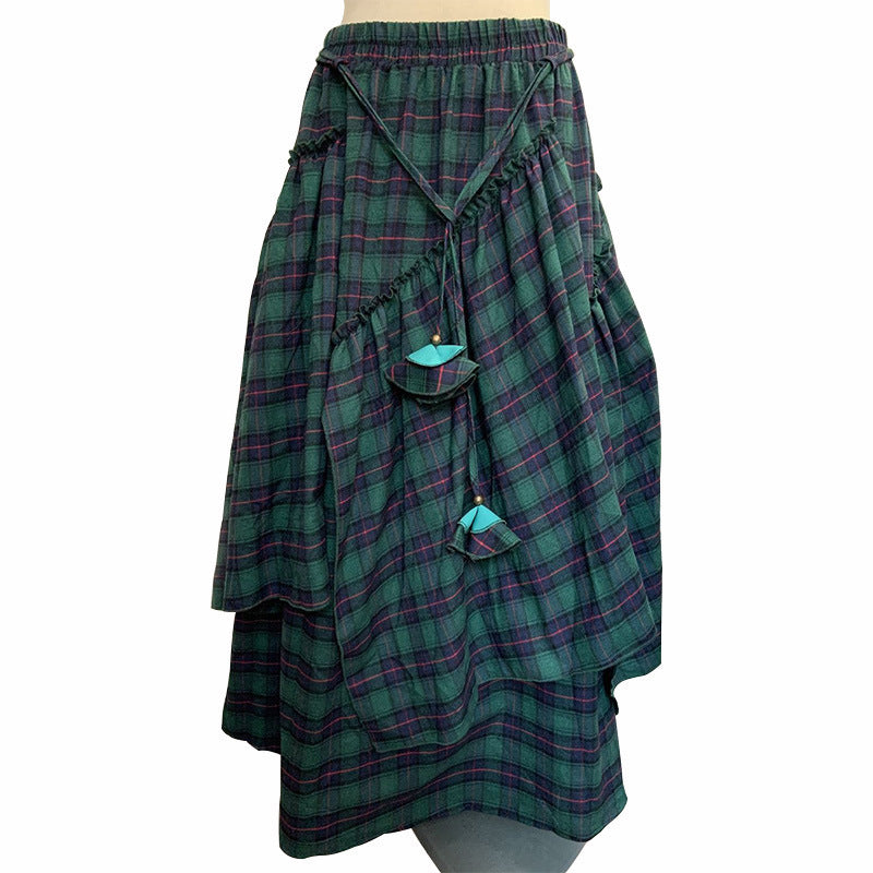 Women's High Waist Dark Green Plaid Irregular Swing Skirt